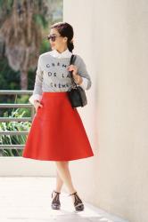 A Red: J.Crew A-Line Skirt and Chanel Boy