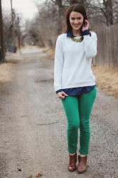 Outfit: Green Pants, White Sweater, Olympic Dreams