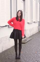 Fluffy Sweater, Neoprene Skater Skirt, Kitten Heels