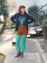 Decemberists T-shirt, Cozy Cardigan, Corduroy Shorts, & Neon Mint Tights