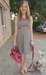 Belted Striped Dress, Pink Accessories, Balenciaga Sorbet City | Purple Tee, Asos Maternity Pencil Skirt, Mulberry Alexa Bag