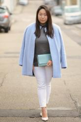 Baby Blue Color Coat and Patent Clutch 