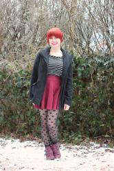 New Pixie Cut! Plus Polka Dot Tights, a Maroon Skater Skirt, Striped Shirt, & Black Coat