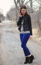 Outfit: Lace, Leather and Blue