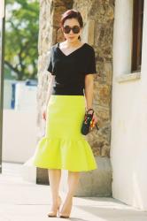 Bright and Simple: Deep V Knit Top & Pencil Peplum Skirt