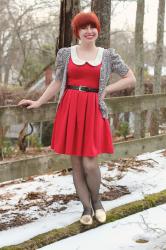 Valentine's Day Outfit: Red Dress, Leopard Print Cardigan, Backseam Tights, & Sparkly Gold Loafers