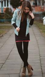 Red dress & jeans.