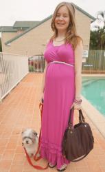 Zibibo Maternity Purple Maxi Dress Review, MbMJ Fran Bag | Casual Tee and Denim Shorts, Rebecca Minkoff Mini MAC