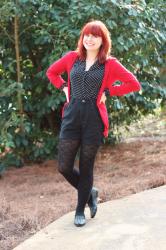 Polka Dot Top, Red Cardigan, Black Shorts, Heart Tights, & Studded Loafers