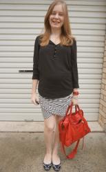 Balenciaga Coquelicot Velo Bag and Mouse Flats: Black Shirt, Striped Skirt | Printed Top, Maternity Skinny Jeans