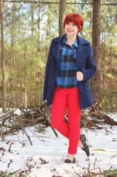 Red Jeans, Buffalo Plaid Shirt, Blue Peacoat, & Black Studded Loafers