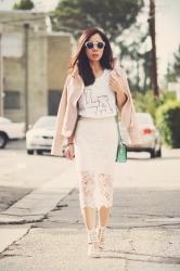 Pastel Spring Style: Lace Pencil Skirt and Gladiator Heels