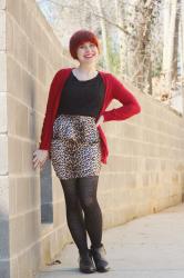 Leopard Peplum Skirt, Black Lace Top, Red Cardigan, Lace Tights, & Ankle Boots