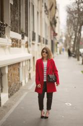 Manteau rouge Ekyog et marinière