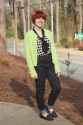 Lime Green Cardigan, Checkerboard Top, High-Waisted Levi's, & Studded Loafers