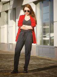 jumpsuit + red jacket.