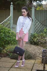 Scalloped Edge Jacket / Pink Checked Skirt / Lace High Neck Top