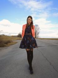 dark blue floral dress & salmon blazer