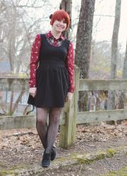 Maroon Cat Print Shirt, Little Black Dress, Herringbone Tights, & Ankle Boots