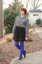 80s Geometric Print Shirt, Black A-line Skirt, Bright Blue Tights, & Studded Loafers