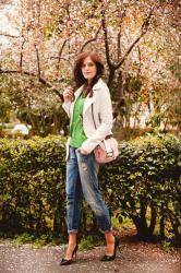 WHITE BIKER JACKET AND GREEN JUMPER