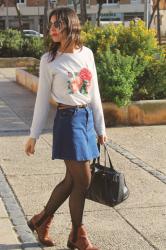 Denim skirt and roses sweatshirt
