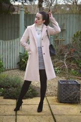 Lilac Jewels / Pale Pink Coat / White Roll Neck / Dogtooth Print Skirt