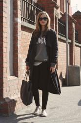 Blue coat + snake print slip ons