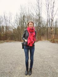 lether jacket & red tartan scarf