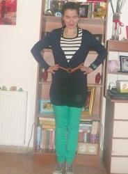 Pinned It and Did It: Bright Green Jeans, Dark Cardigan and Striped Top.