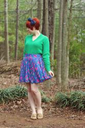 Kelly Green 60s Sweater, Colorful Vintage Floral Skirt, Tan Tassel Loafers, & a Big Blue Hair Bow