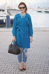 Sapphire blue coat, leopard pumps