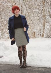 Mock Turtleneck Sweater, Houndstooth Pencil Skirt, Polka Dot Tights, & a Blue Peacoat