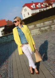 yellow coat 2 ways: Casual chic vs. business chic