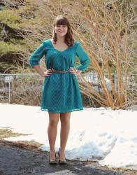 A Jeanie Outfit: Teal Chevron Dress, Gold Skinny Belt, & Studded Black Heels