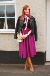 Black Biker Jacket with Magenta Skirt & Tan Boots