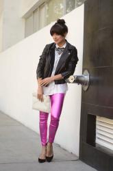 "Metallic pink pants"