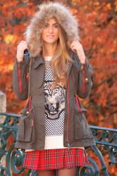 HOODED PARKA & TARTAN SKIRT