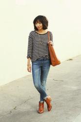 A striped tee and jeans