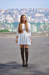 Snow-white Neoprene Dress and Over the Knee Cut out boots