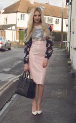 The pink PVC skirt x the floral bomber