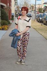 Floral Trousers, White Sailor Top, Black Converse, & a Jean Jacket