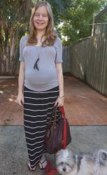 Marc By Marc Jacobs Fran Bag, Non-Maternity Clothes in Third Trimester. Grey Tee, Maxi Skirt, Aztec Print Dress