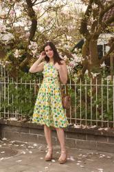 Apple Print Dress, Gold Wedges