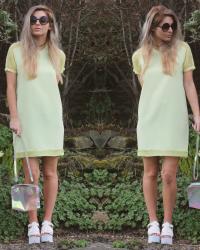 YELLOW SHIFT DRESS & FLATFORMS