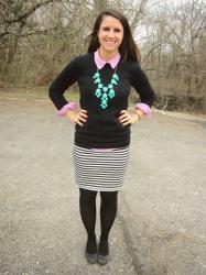 black sweater + striped skirt