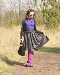 Cobalt blue blouse, purple tights and a lovely spring weather again