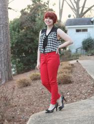 Red Jeans, Sleevless Checkerboard Shirt, Peeptoe Heels, & a Spiky Headband
