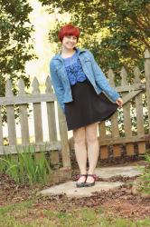 Jean Jacket, Floral Shoes, & a Blue Lace Crop Top over a Black Jersey Knit Dress