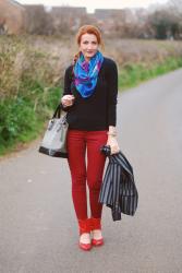 Red Cut Out Boots With Silk, Denim, Stripes & Cashmere